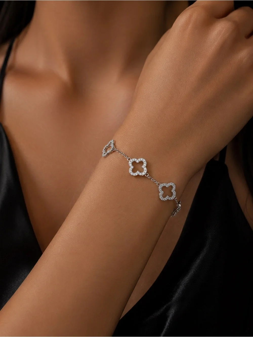Silver Clover Link Bracelet with Crystals